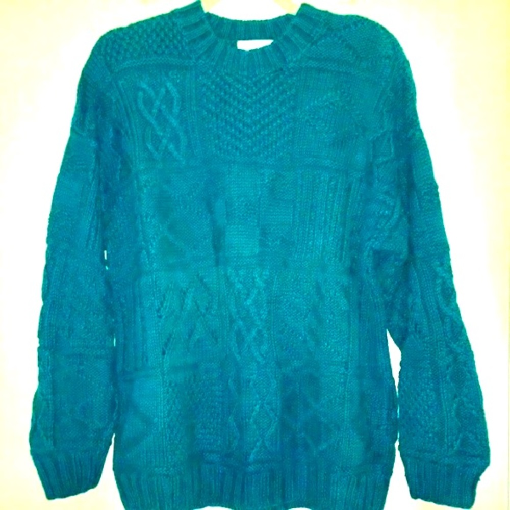 Retro 1980s Express Oversized Patterned Teal Long Sleeved Knit Sweater - Medium